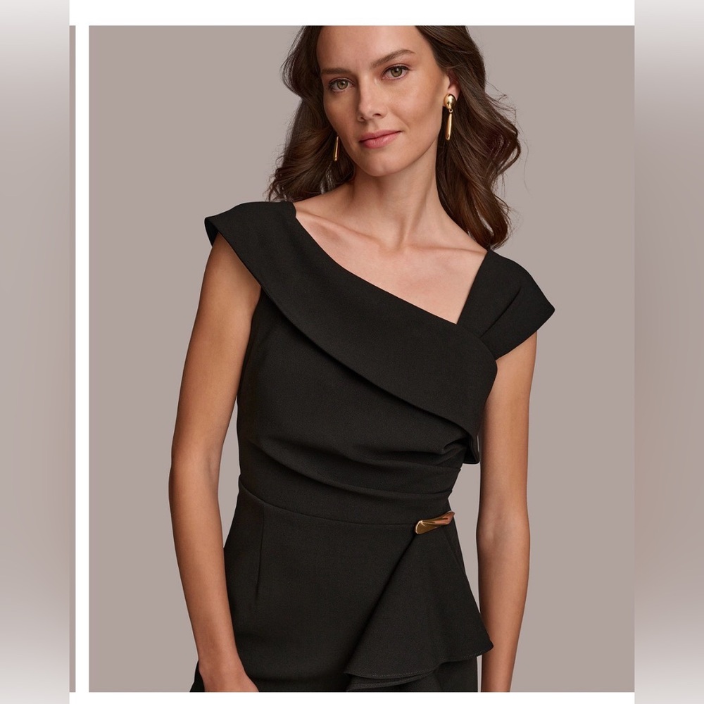 NWT Donna Karan NY Women’s Asymetrical Neckline Cap Sleeve Ruffle Trim Dress